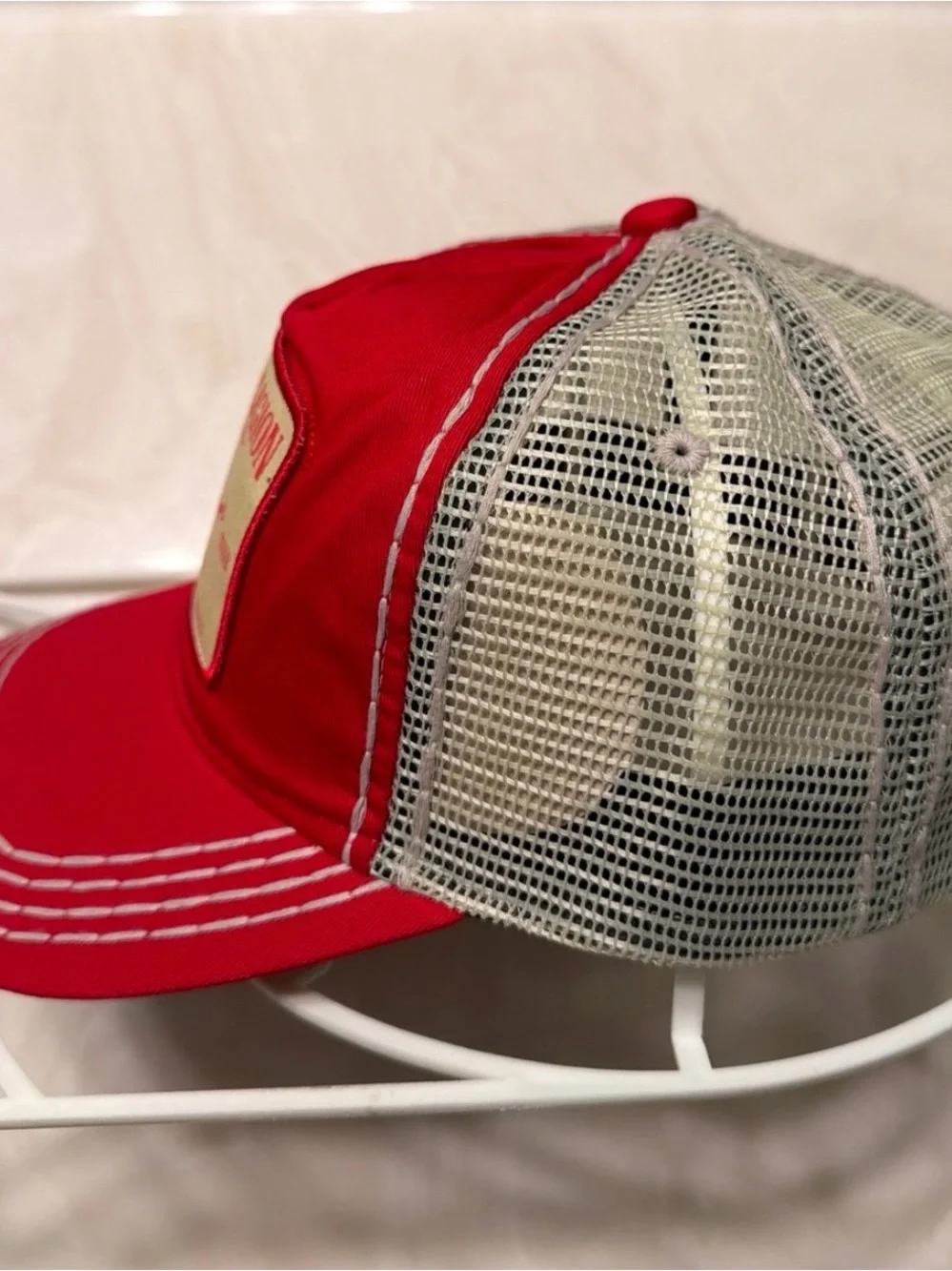 True Religion Red Trucker Hat with Tan Patch